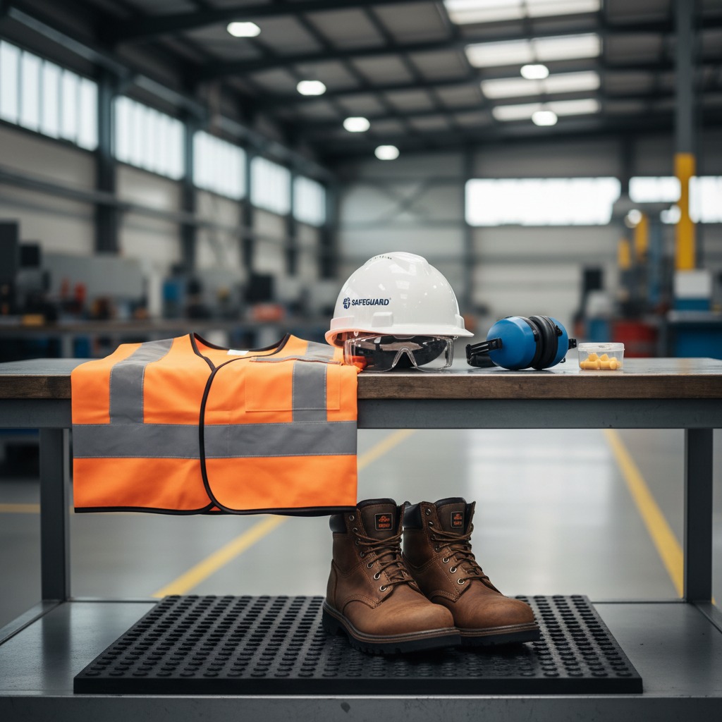 A hard hat, safety glasses, ear protection, and an orange high-visibility vest sit on a workbench, with work boots placed on the shelf below inside a factory.